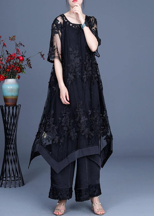 Summer Black Dress Wide Leg Pants Suspender Skirt Three Piece Set