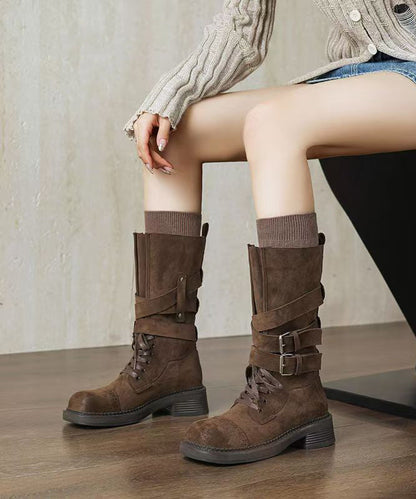 Coffee Suede Lace Up Splicing Chunky Boots