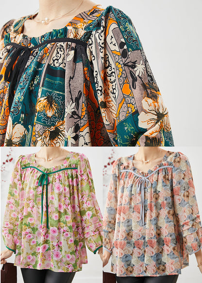 Handmade Pink Square Collar Print Chiffon Shirts Spring
