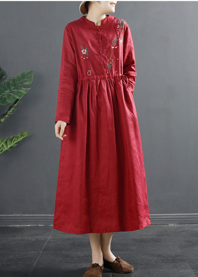 Classy Red Embroideried Linen Cinched Dresses Spring