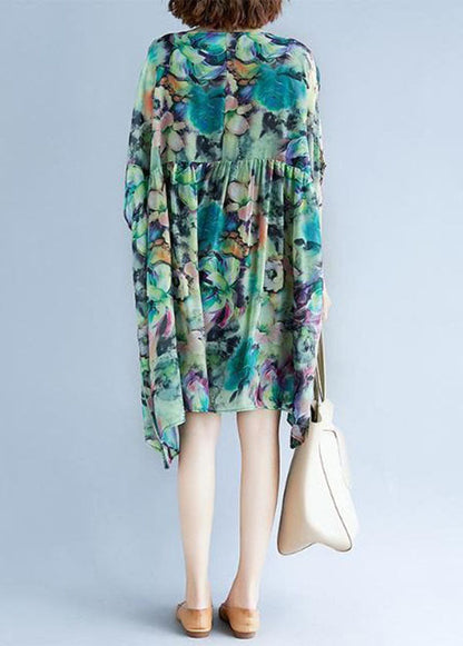 Green O Neck Print Patchwork Chiffon Dresses Summer