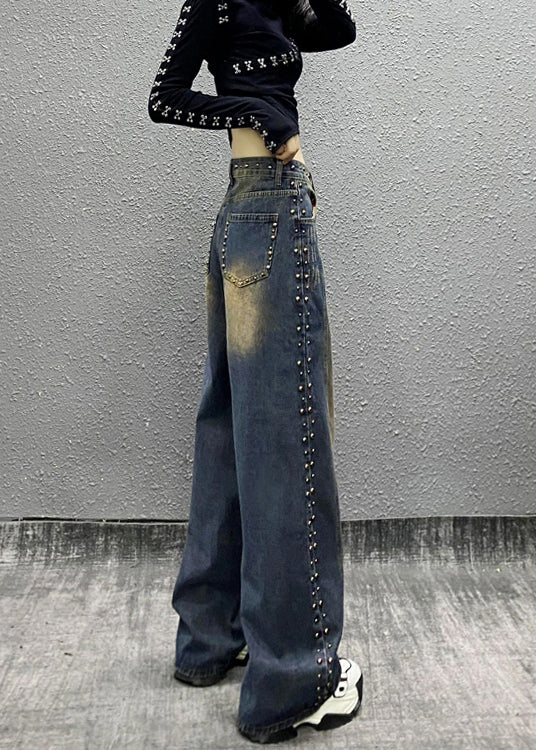 Blue Pockets Rivet High Waist Denim Wide Leg Pants Fall