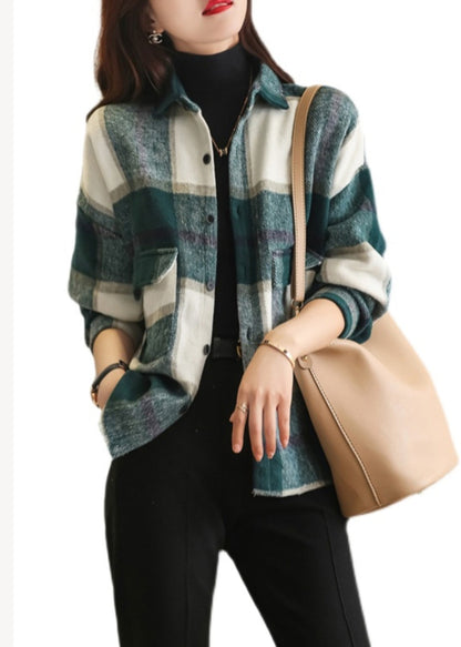 Green Plaid Peter Pan Collar Cotton Shirt Tops Fall