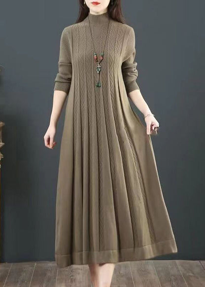 Green Stand Collar Exra Large Hem Knit Holiday Dress Spring