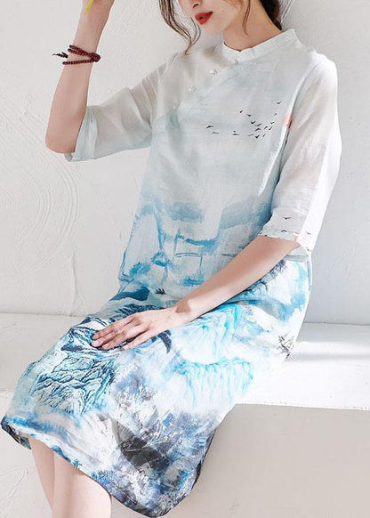 White Patchwork Button Print Summer Ramie Mid Dress Half Sleeve
