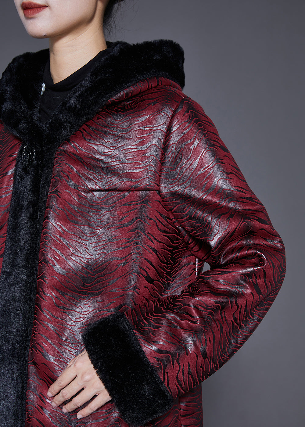 Dull Red Hooded Patchwork Warm Fleece Coats Winter