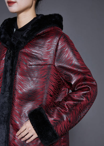 Dull Red Hooded Patchwork Warm Fleece Coats Winter