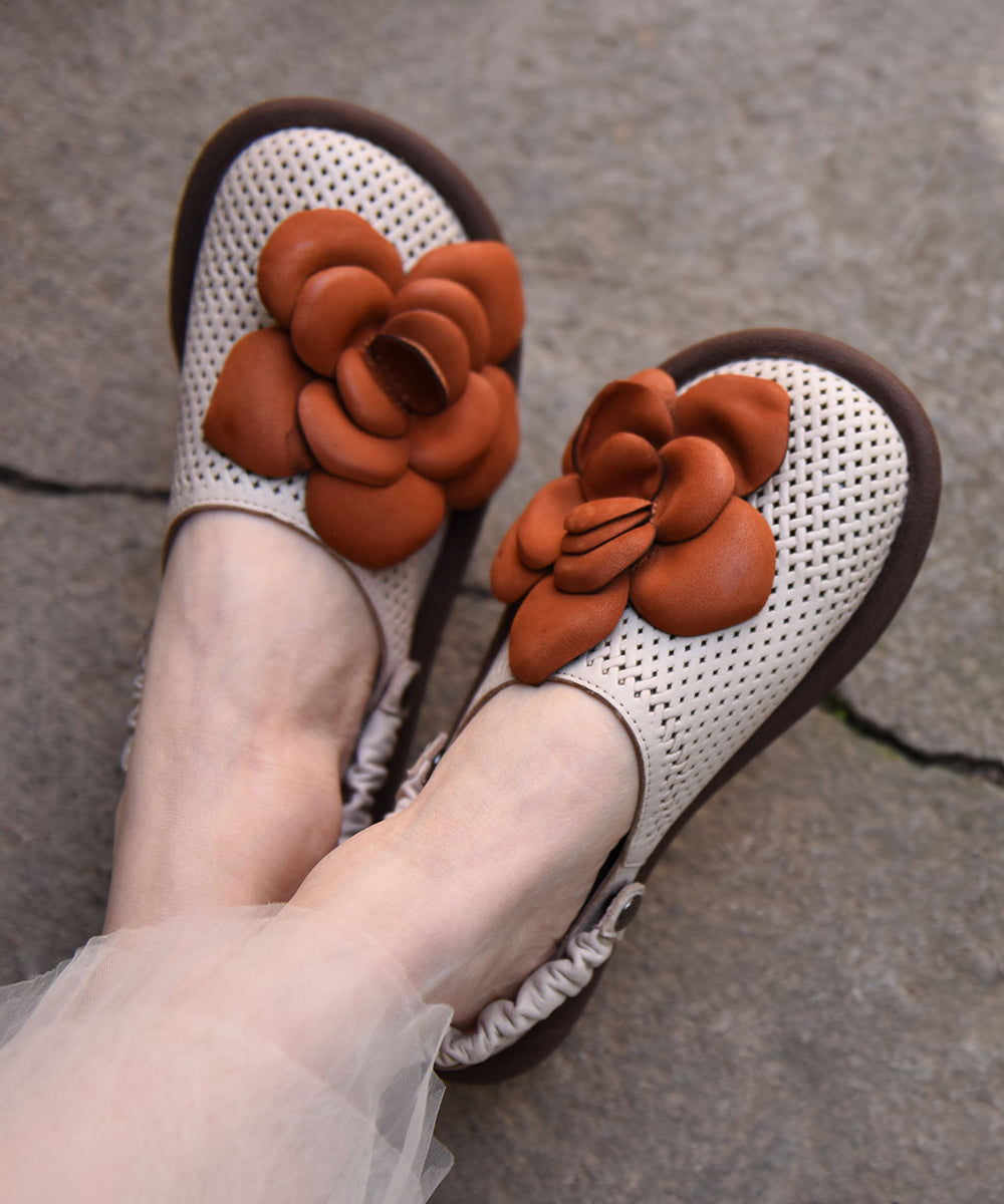 Green Cowhide Leather Comfy Flat Sandals Hollow Out