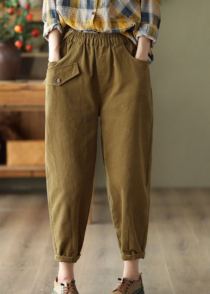 Khaki Slim Fit Cotton Harem Pants High Waist Pockets Fall