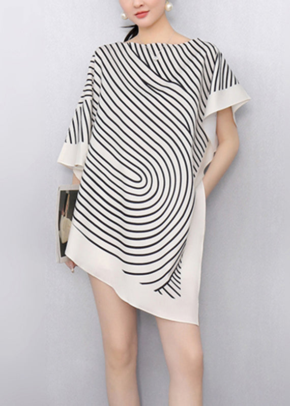 White Striped Asymmetrical T Shirts Summer