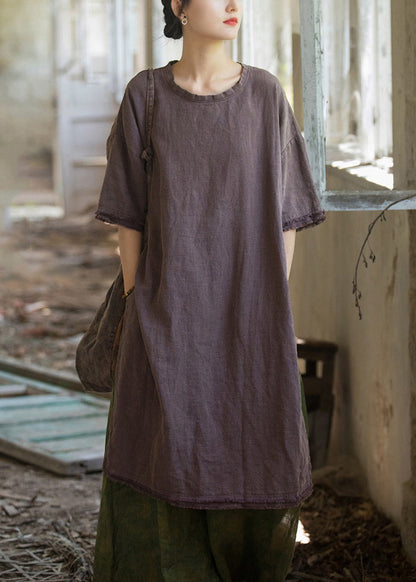 Purple Side Open Linen T Shirt Dresses Summer