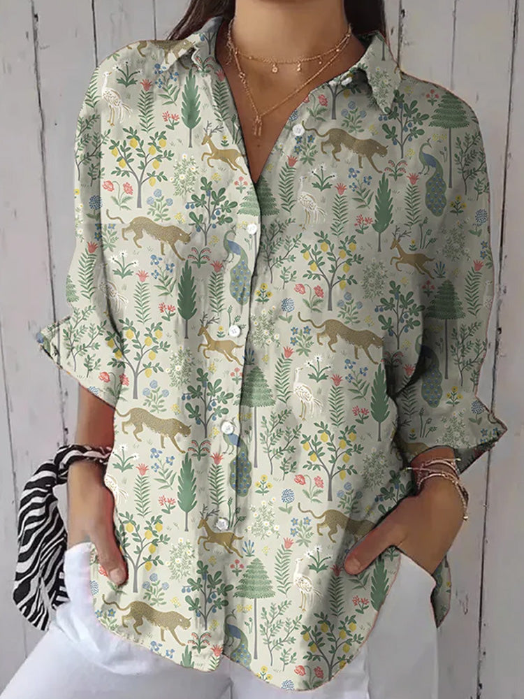 Women's Casual Retro Forest Animal Print Cotton And Linen Shirt artswardrobe