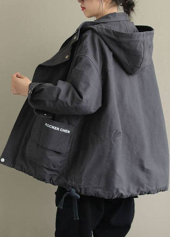 Grey Zippered Loose Drawstring Fall Long Sleeve Coat