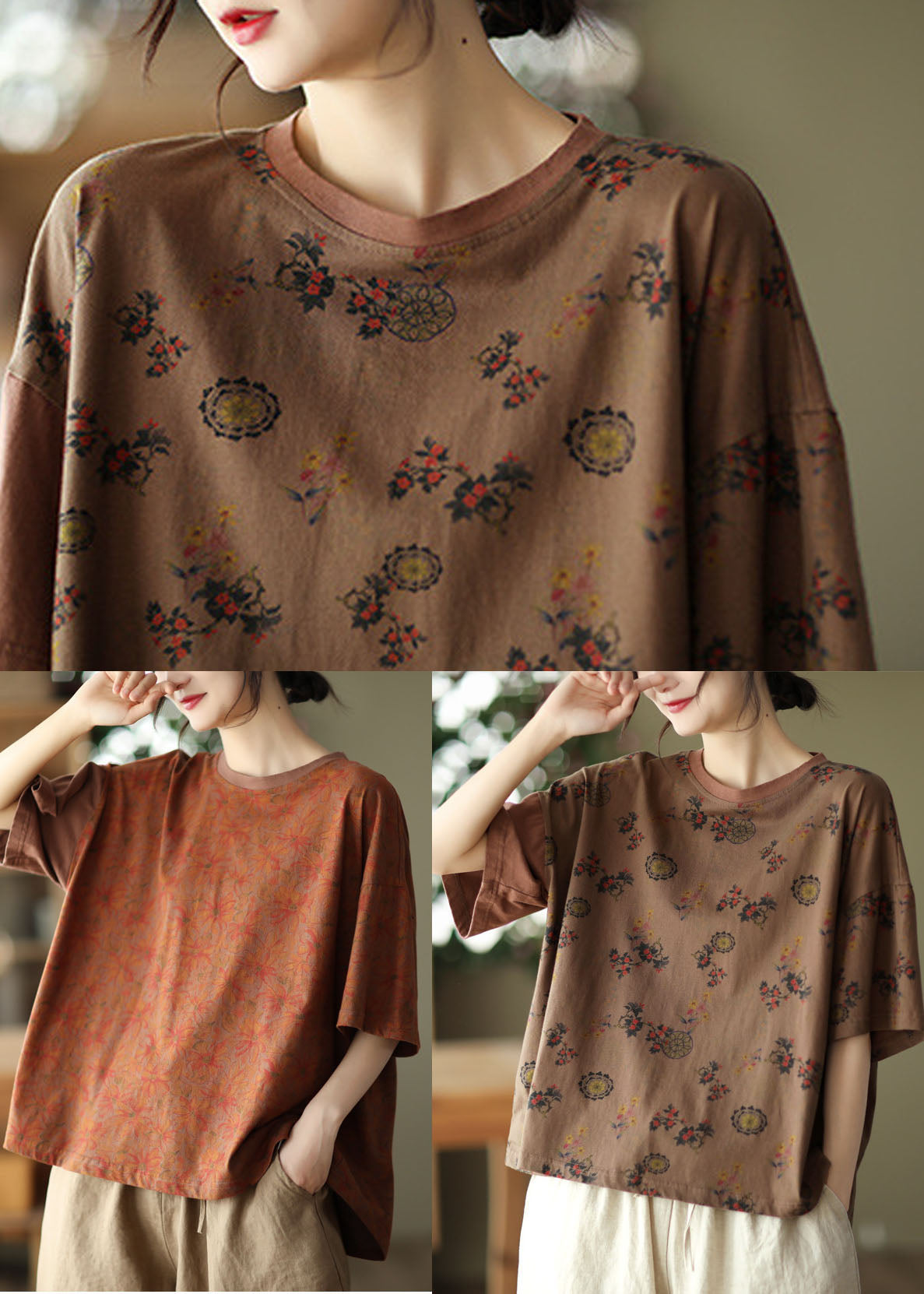 Dark Chocolate O-neck Oversized Print Cotton Tanks Short Sleeve