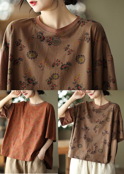 Dark Chocolate O-neck Oversized Print Cotton Tanks Short Sleeve