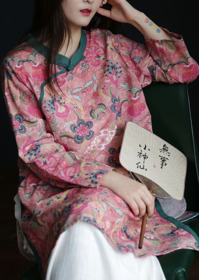 Pink Button Stand Collar Side Open Print Linen Tops Long Sleeve