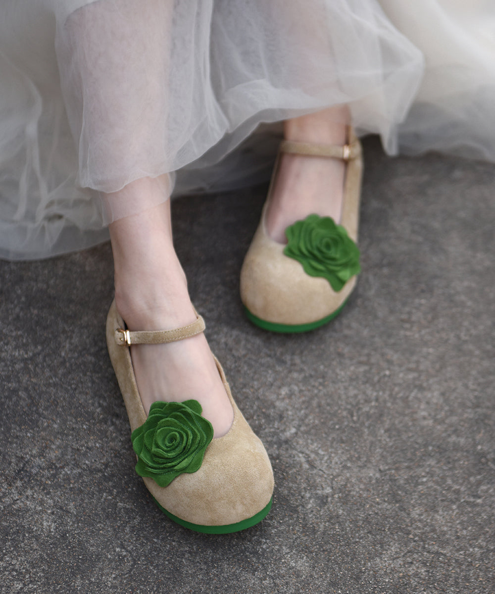 Khaki Suede Flat Shoes for Splicing Buckle Strap