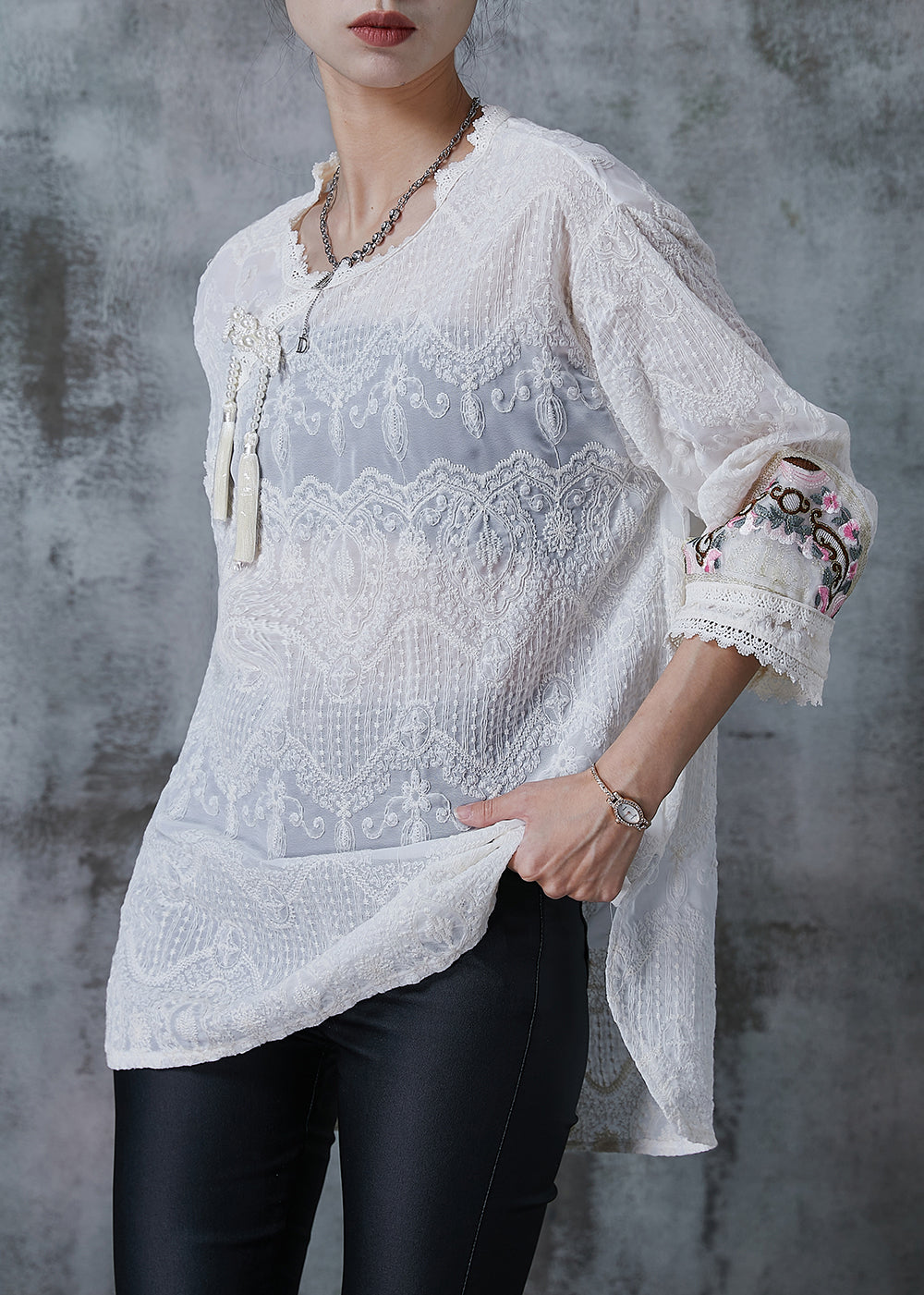 White Tasseled Embroidered Cotton Top Summer