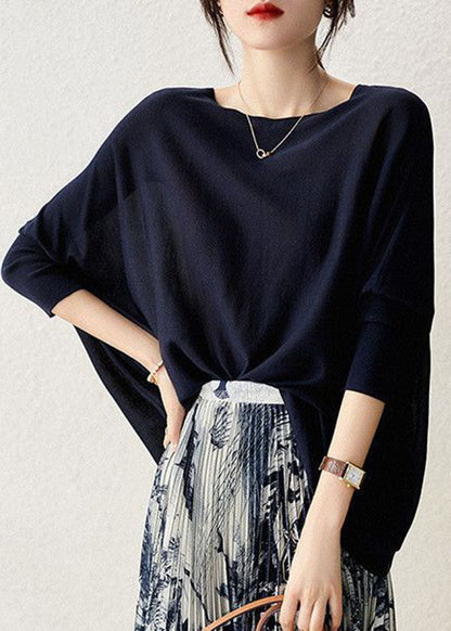 Navy O-neck Oversized Knit Top Batwing Sleeve