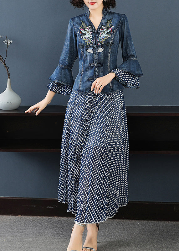 Blue Stand Collar Embroideried Patchwork Cotton Denim Coats Dot Print Chiffon Skirt Two Pieces Set Flare Sleeve