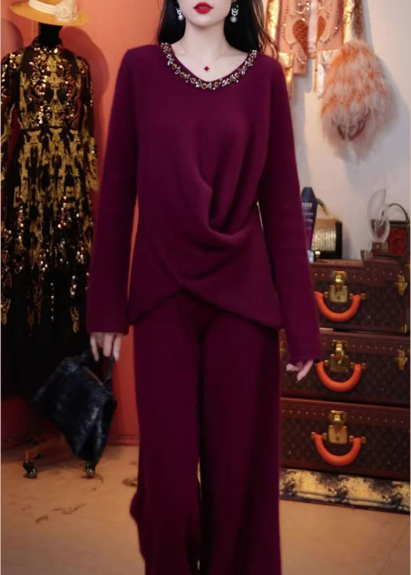 New Purple O Neck Sweaters and Pants Knit Two Pieces Set Winter