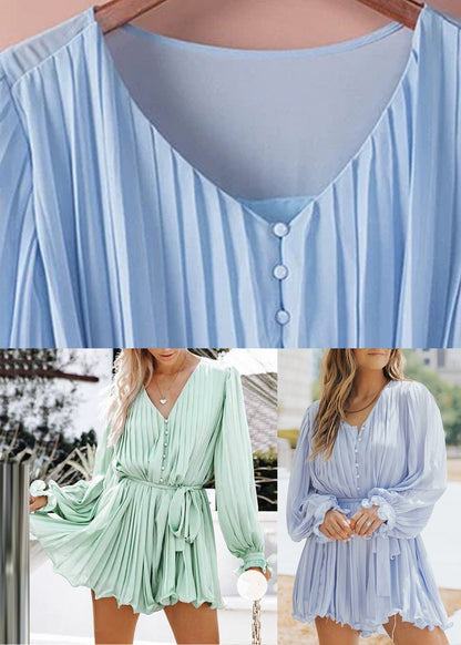 Light Green V Neck Wrinkled Mid Dresses Fall