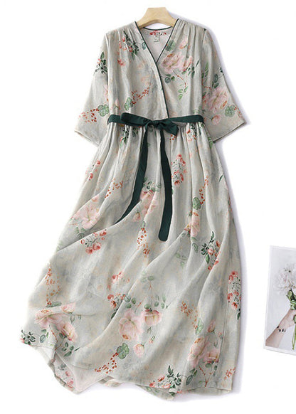 Green Button Print Lace Up Cotton Dresses Summer