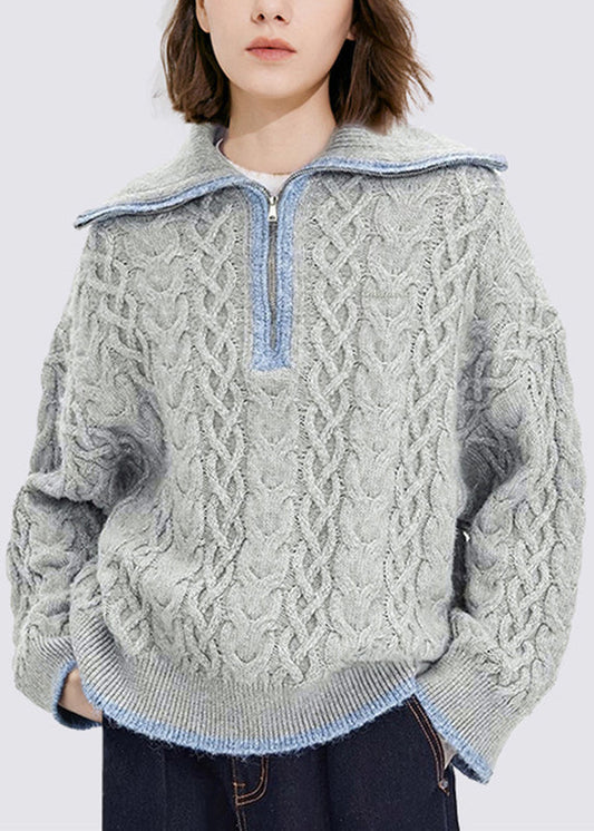 Grey Zippered Patchwork Thick Cotton Knit Sweaters Tops Fall