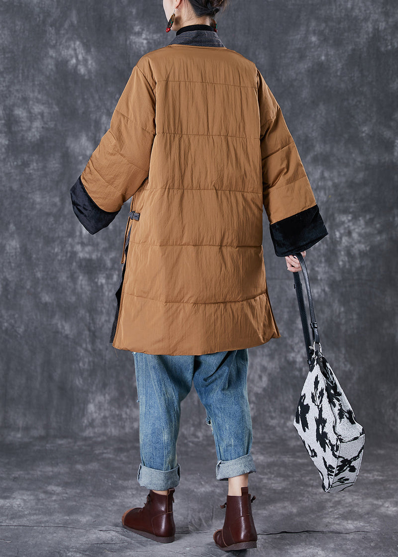 Coffee V Neck Patchwork Pockets Fine Cotton Filled Jackets Winter