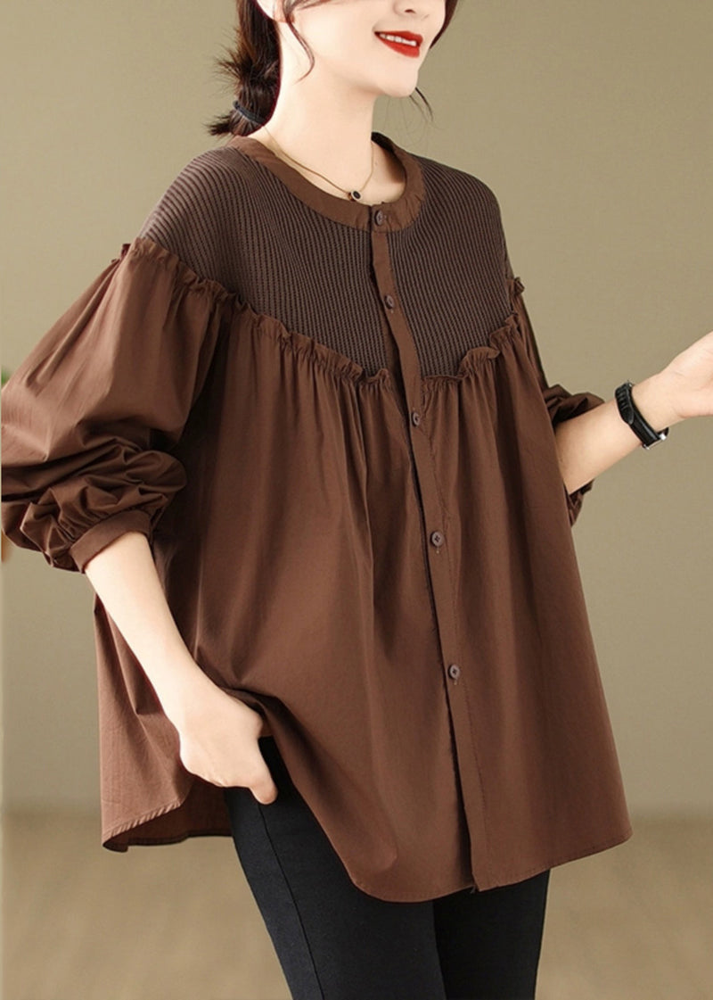 Coffee O-neck Wrinkled Shirts Long Sleeve