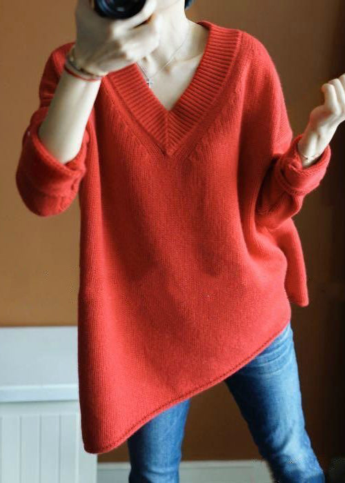 Simple Red Asymmetrical Knit Top Long Sleeve