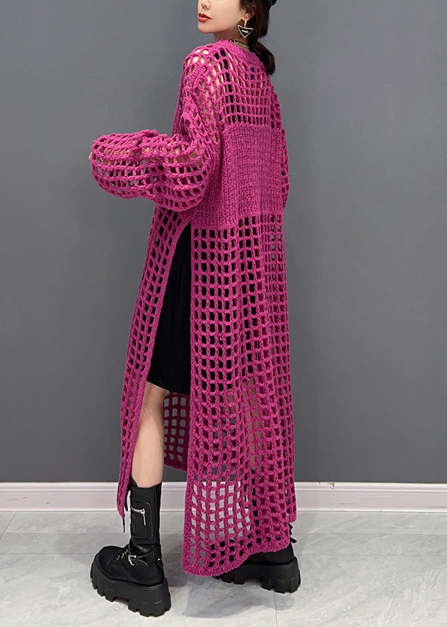 Diy Red O-neck Hollow Out Side Open Knit Long Dresses Spring