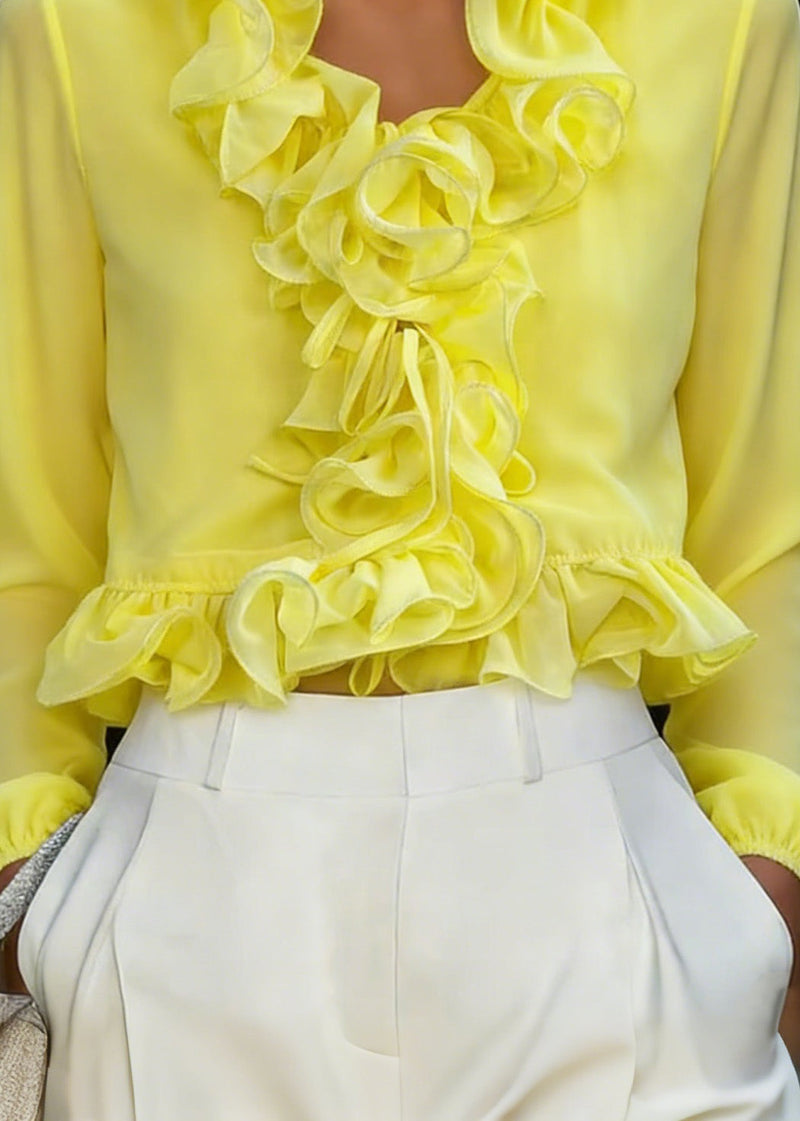 Fine Yellow Ruffled Patchwork Chiffon Top Spring