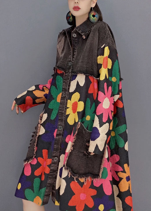 Black Oversized Patchwork Print Cotton Denim Dress Spring