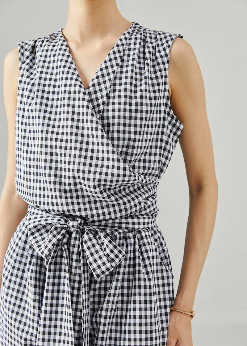 Modern Grey Plaid Tie Waist Cotton Jumpsuit Summer