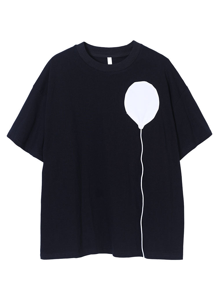 Black O-neck Patchwork Cotton Tanks Short Sleeve