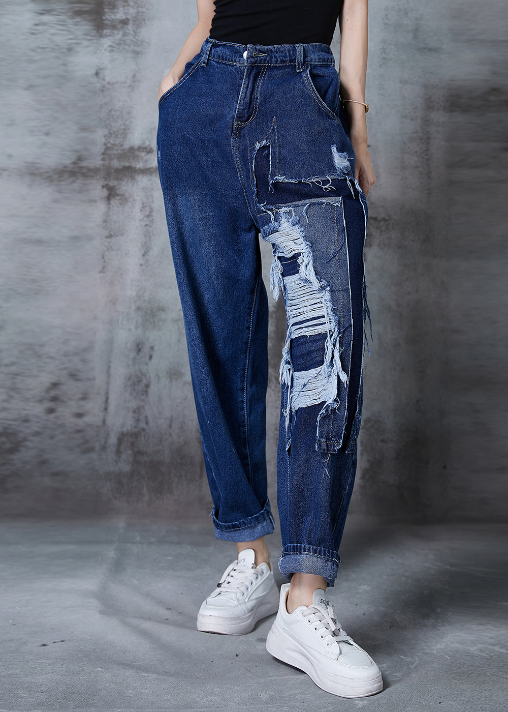 Diy Navy Oversized Patchwork Denim Ripped Jeans Pants Fall