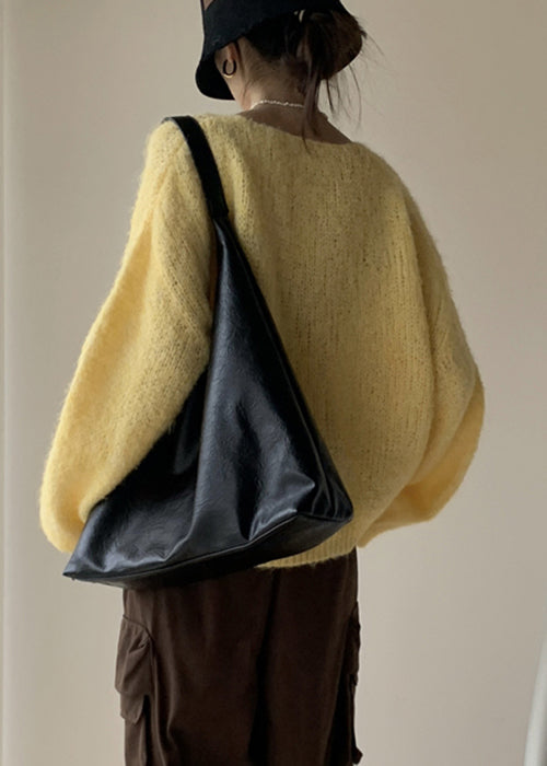 Yellow Cotton Knit Pullover Sweater V Neck Winter