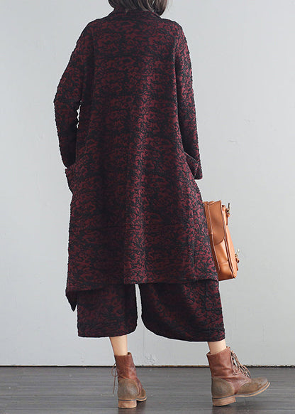 Modern Mulberry V Neck Print Trench Coats and Crop Pants Two Piece Set Fall