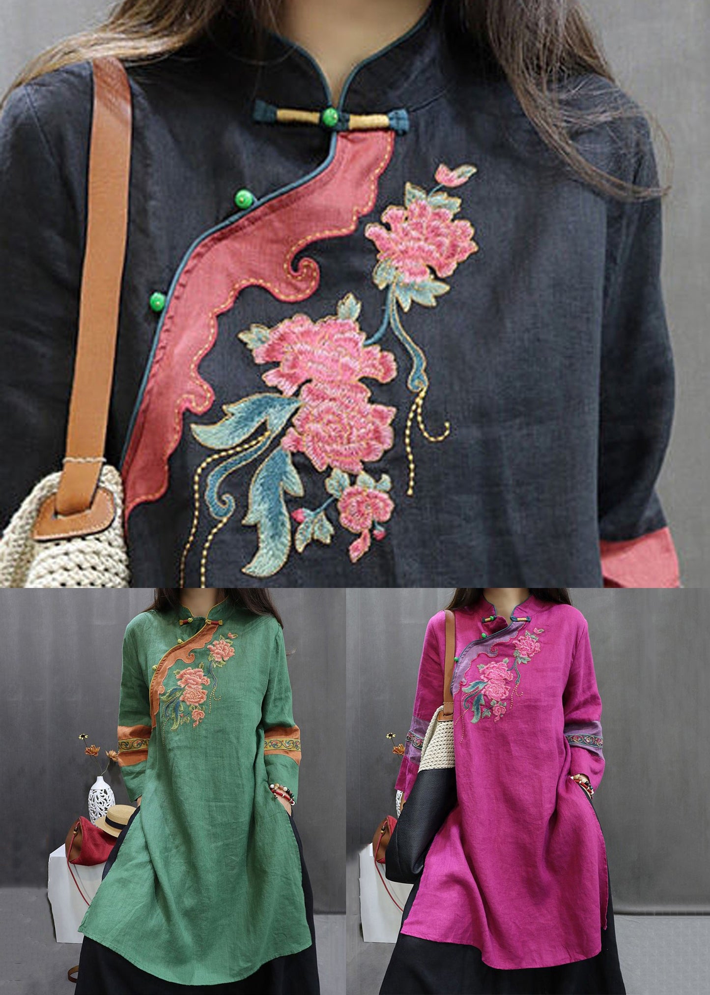 New Rose Stand Embroidered Button Collar Linen Blouses Fall