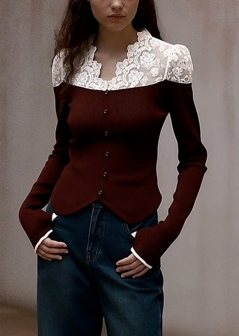 Style Brown V Neck Patchwork Lace Knit Shirts Spring