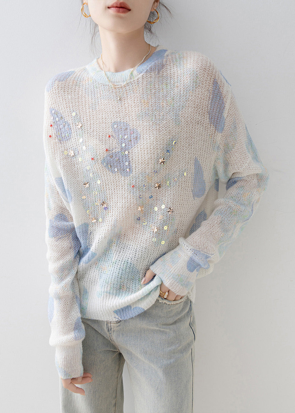 New Stylish O Neck Sequins Knit Top Spring