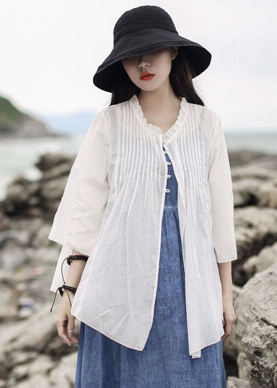 Art White Ruffled Cotton Shirt Tops Three Quarter Sleeve