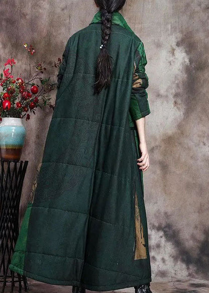 Boutique Green Print Pockets Thick Cotton Winter Long Sleeve Coat