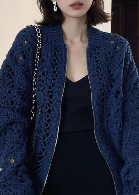 Blue O-neck Zippered Patchwork Cotton Knit Coats Long Sleeve