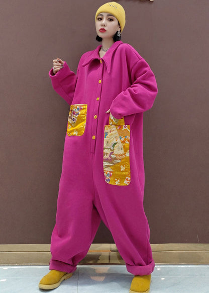 Natural Red Peter Pan Collar Pockets Patchwork Warm Fleece Jumpsuit Spring