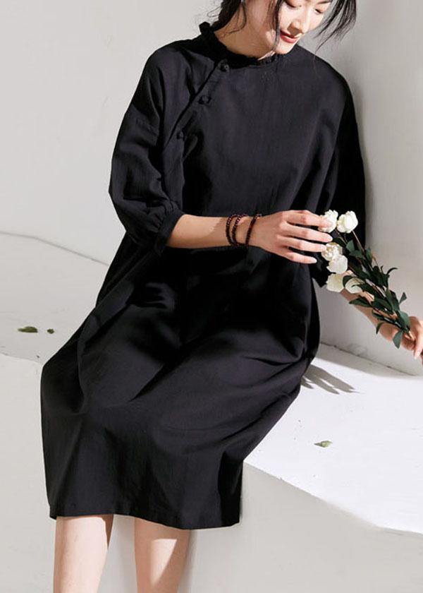 Black Pockets Button Summer Linen Maxi Dresses Half Sleeve