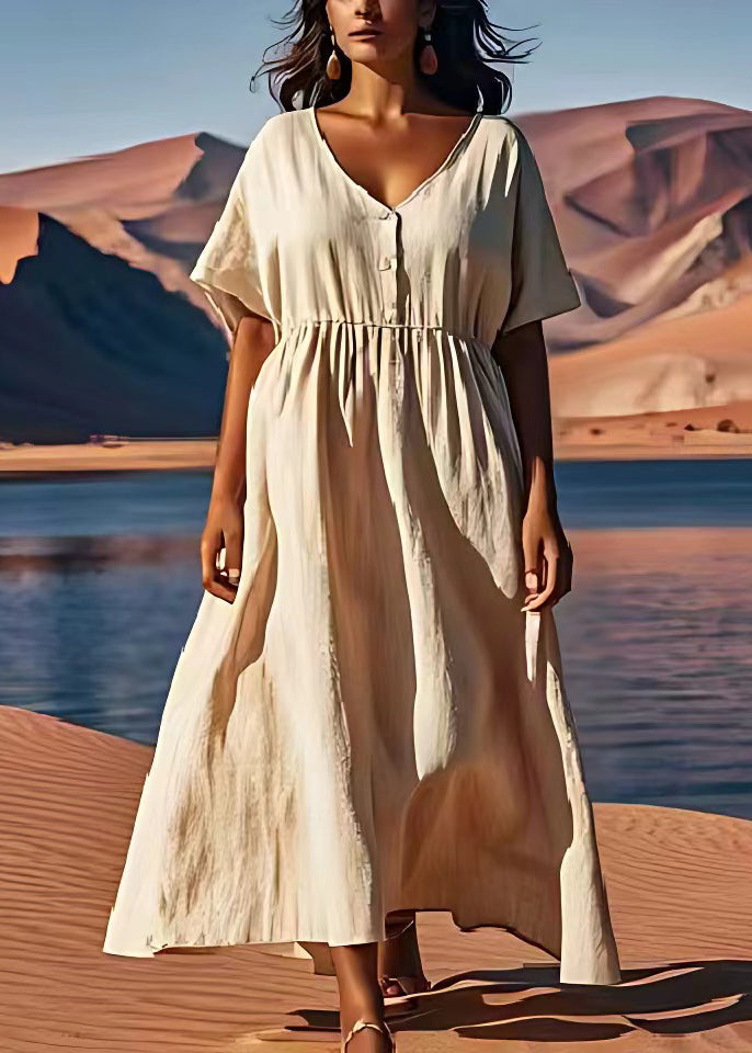 Beige V Neck Wrinkled Patchwork Linen Dress Summer