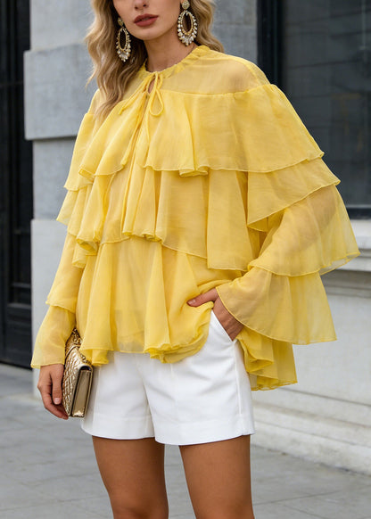 Yellow O Neck Ruffled Patchwork Chiffon Tops Spring