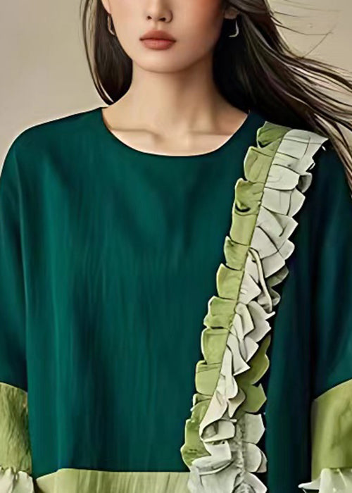 Unique Green Ruffled Front Open Cotton Top Flare Sleeve Spring